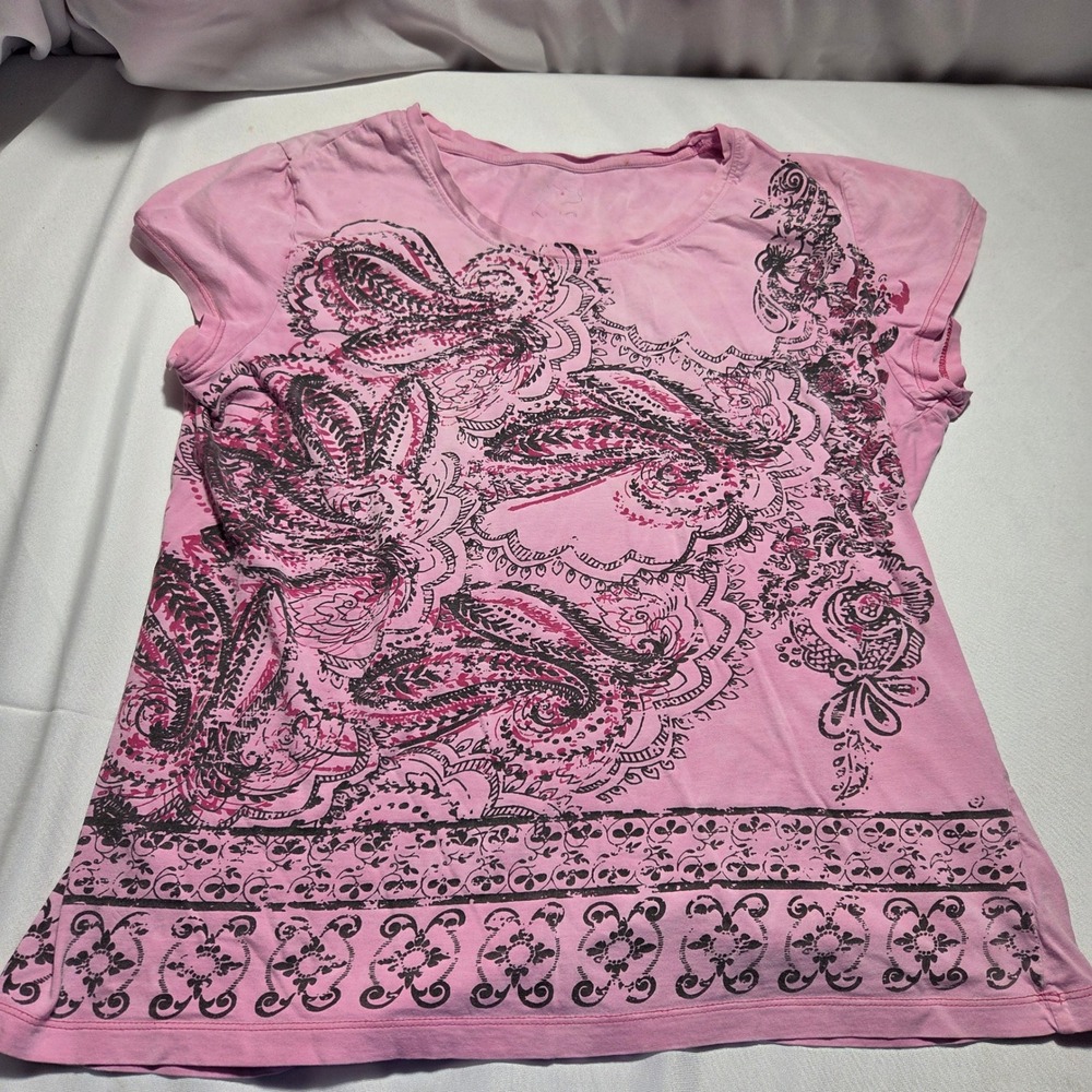 Style & Co Womens Pink Paisley Graphic Print T-Shirt Short Sleeve Cap Sleeve L